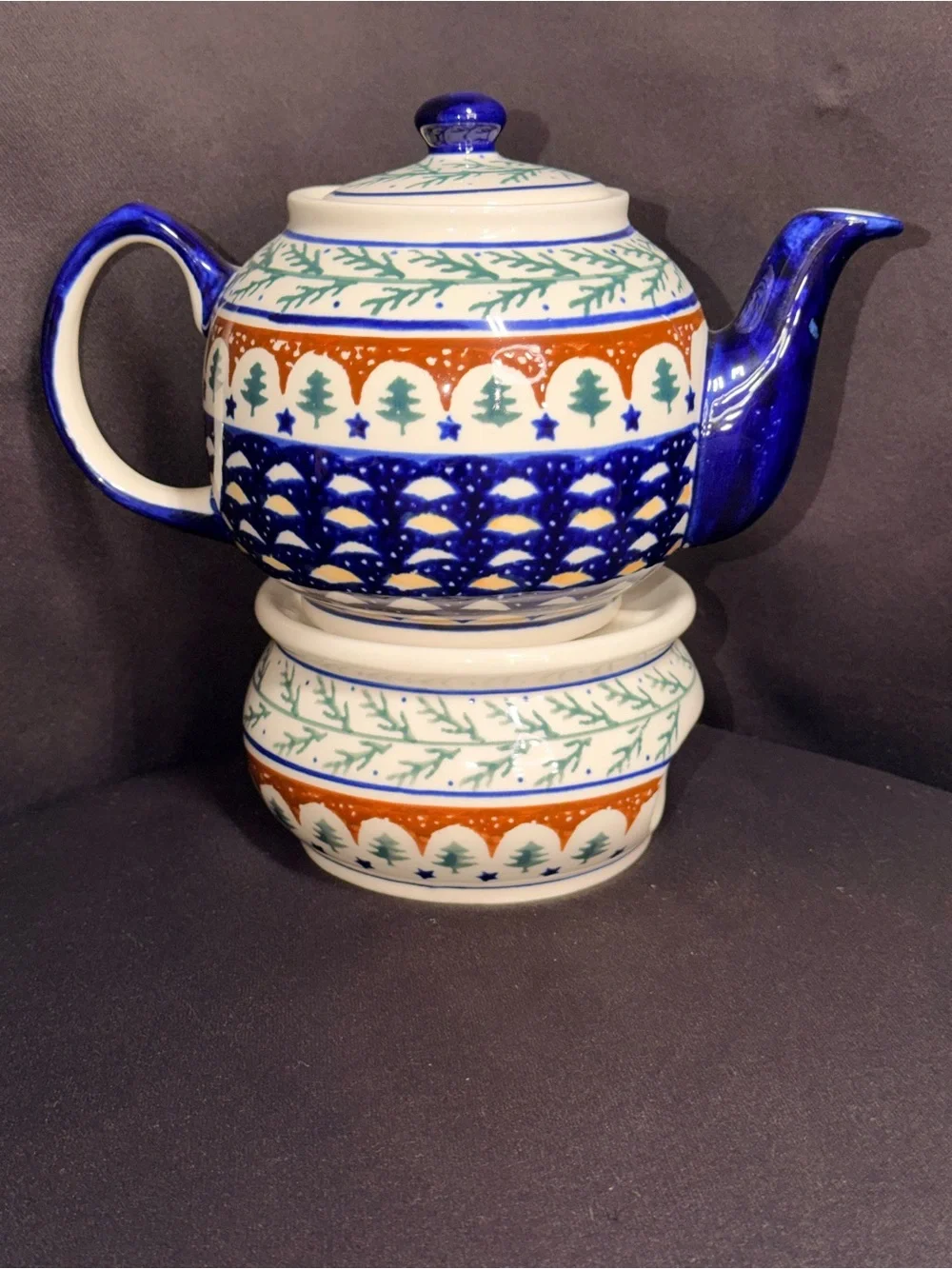Blue and White Ceramic Teapot with Green and Brown Pattern